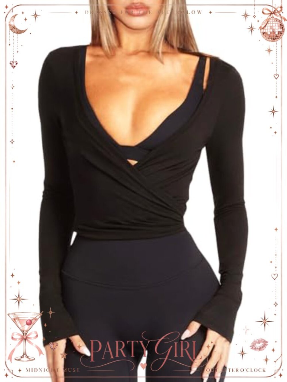 Women's Cotton Wrap Ballet Crop Top Long Sleeve V-Neck Workout Top